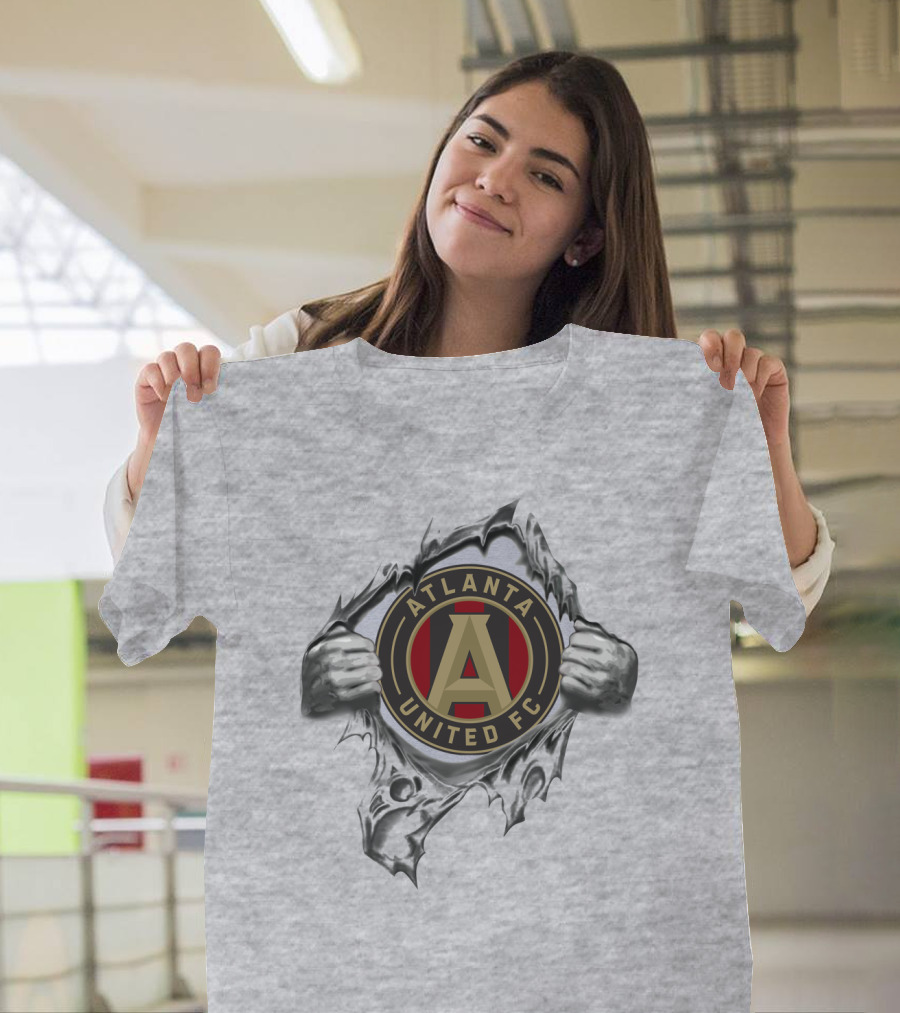 Atlanta United Fc Emblem Revealed Through Ripped Metallic Texture T-Shirt