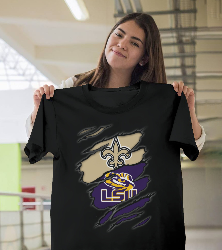 New Orleans Saints Fleur-De-Lis And Lsu Tigers Logo Blend T-Shirt