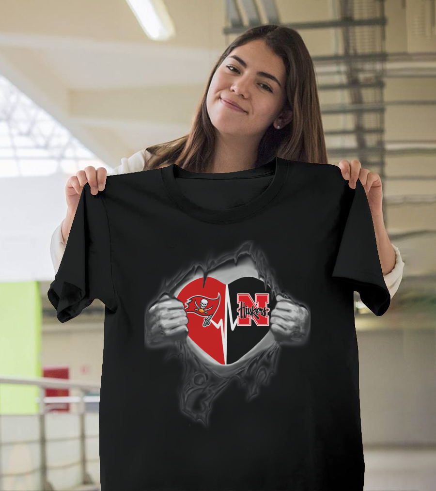 Tampa Bay Buccaneers And Nebraska Cornhuskers Heart Logo Combination T-Shirt