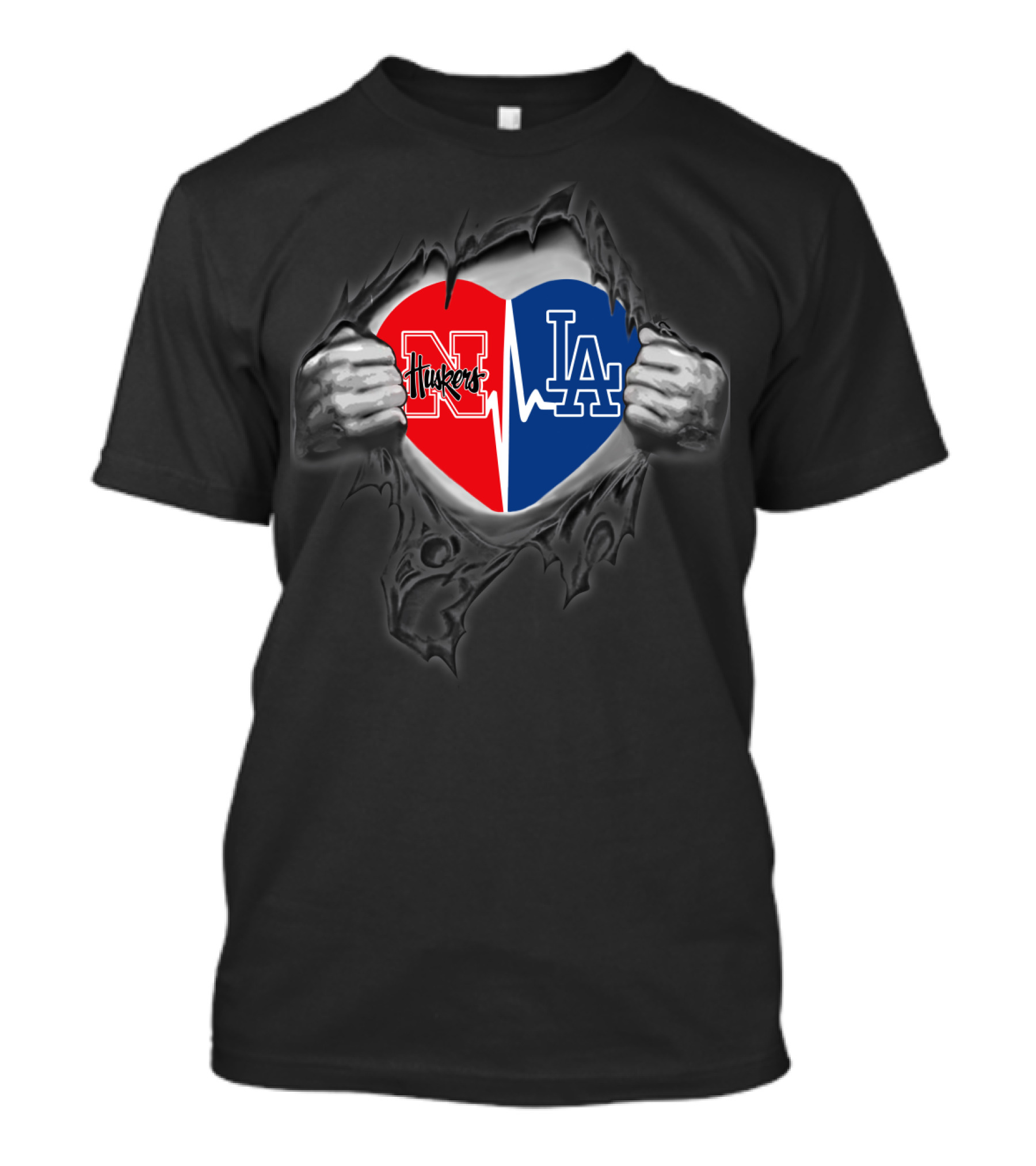 Dodgers Nebraska Cornhuskers Heart Design With Hands Pulling Open T-Shirt