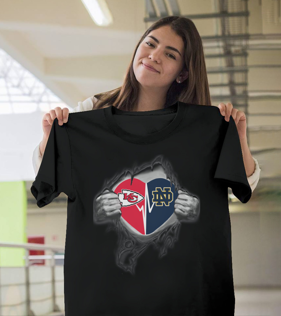Kansas City Chiefs Notre Dame Fighting Irish Heart Logo Collaboration T-Shirt