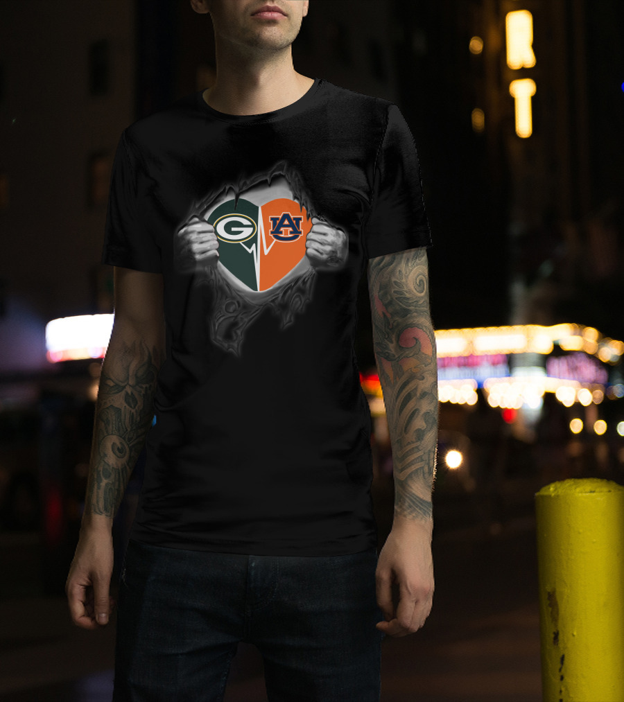 Packers Auburn Heart Split With Green Bay And Auburn Logos T-Shirt