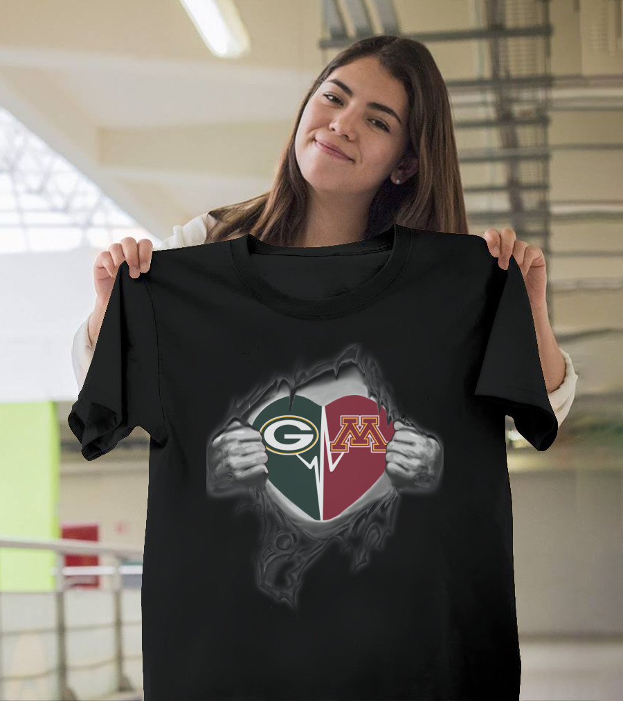 Packers Heart Minnesota Golden Gophers Logo Split Inside Torn Skin T-Shirt
