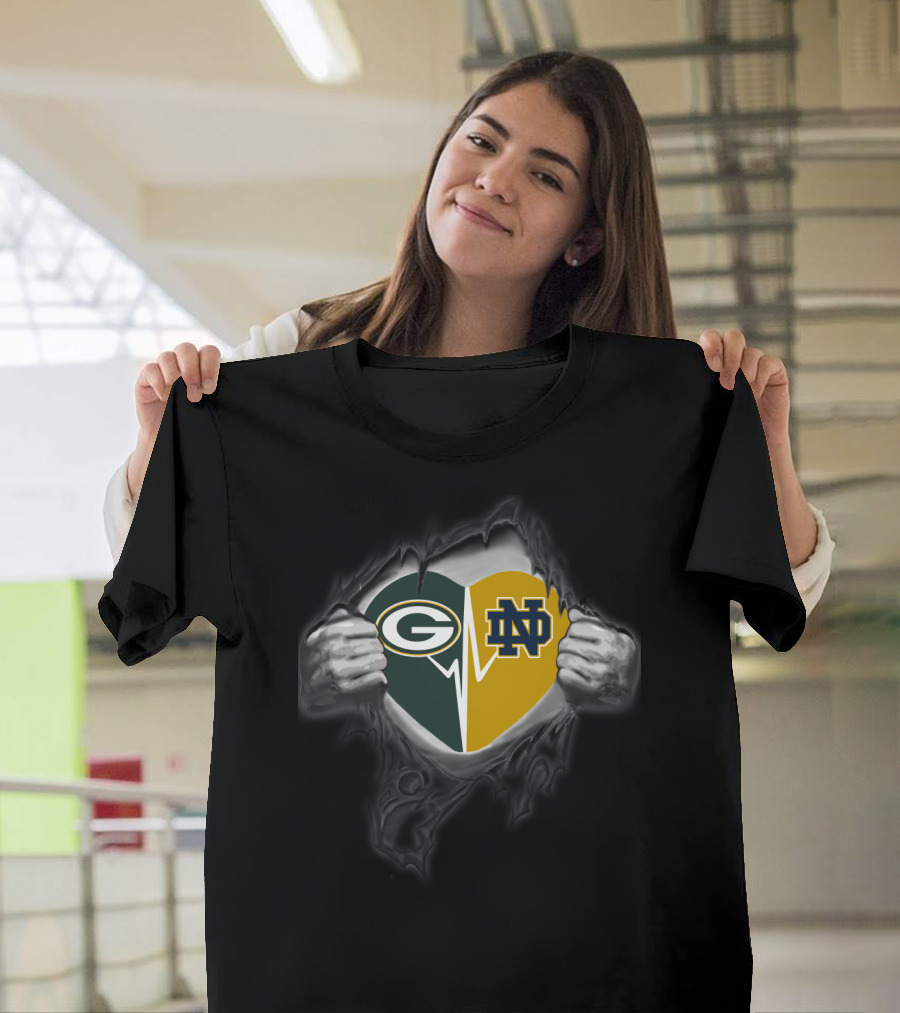 Packers Green Bay Heart Notre Dame Fighting Irish Logo Integration T-Shirt