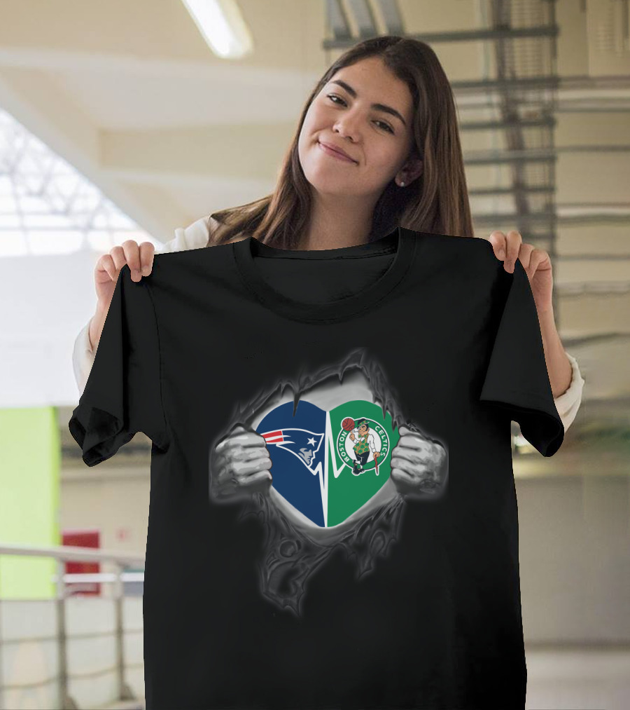 New England Patriots Boston Celtics Heart Duo T-Shirt