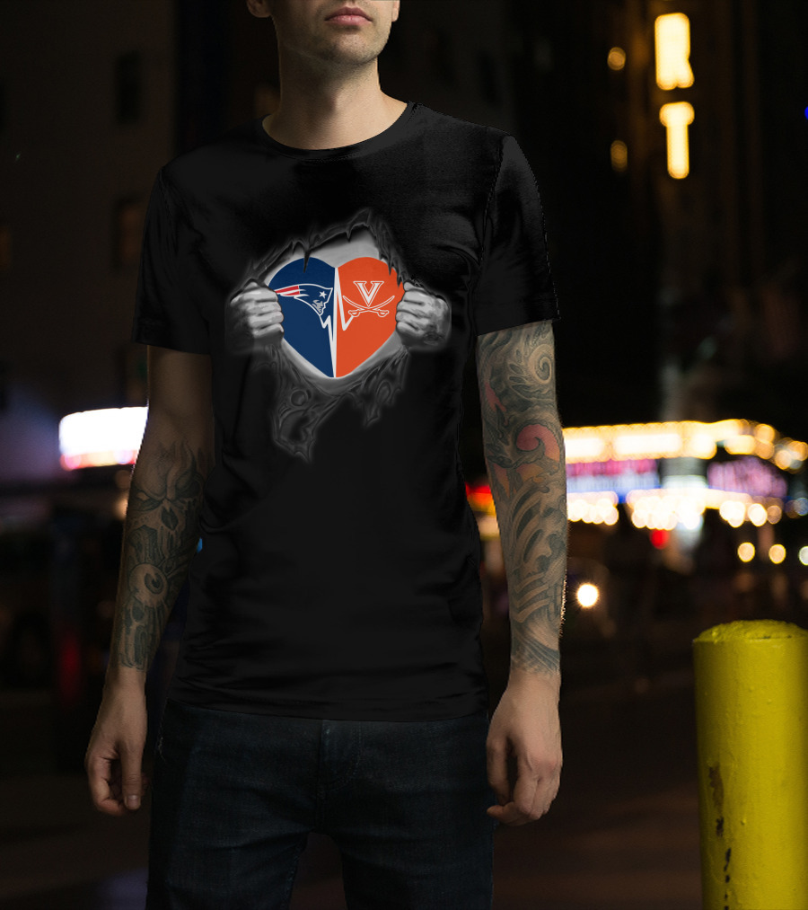 New England Patriots And Virginia Cavaliers Heart Logo Fusion T-Shirt