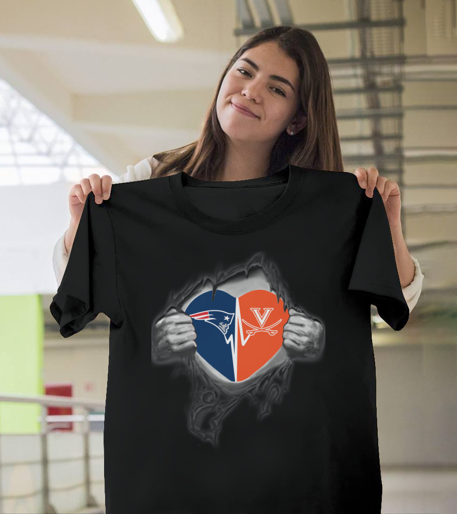 New England Patriots And Virginia Cavaliers Heart Logo Fusion T-Shirt