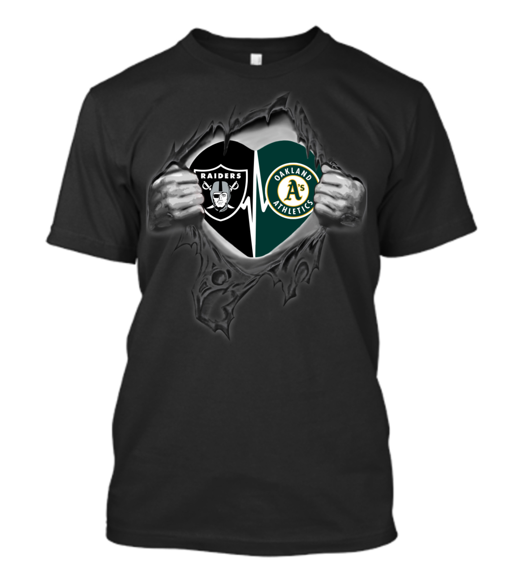 Raiders Oakland Athletics Dual Logo Inside Heart Torn T-Shirt