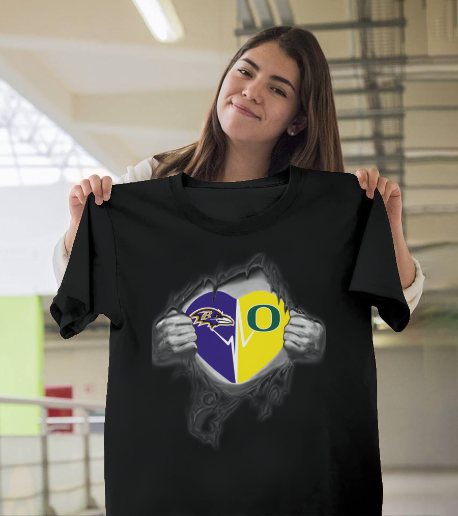 Baltimore Ravens Heart Oregon Ducks Football Loyalty Fusion T-Shirt
