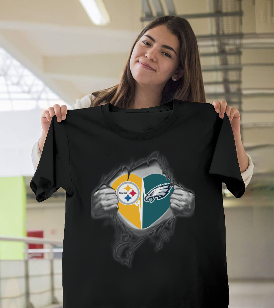 Steelers Eagles Heart Logo Dual Team Fan Pride T-Shirt