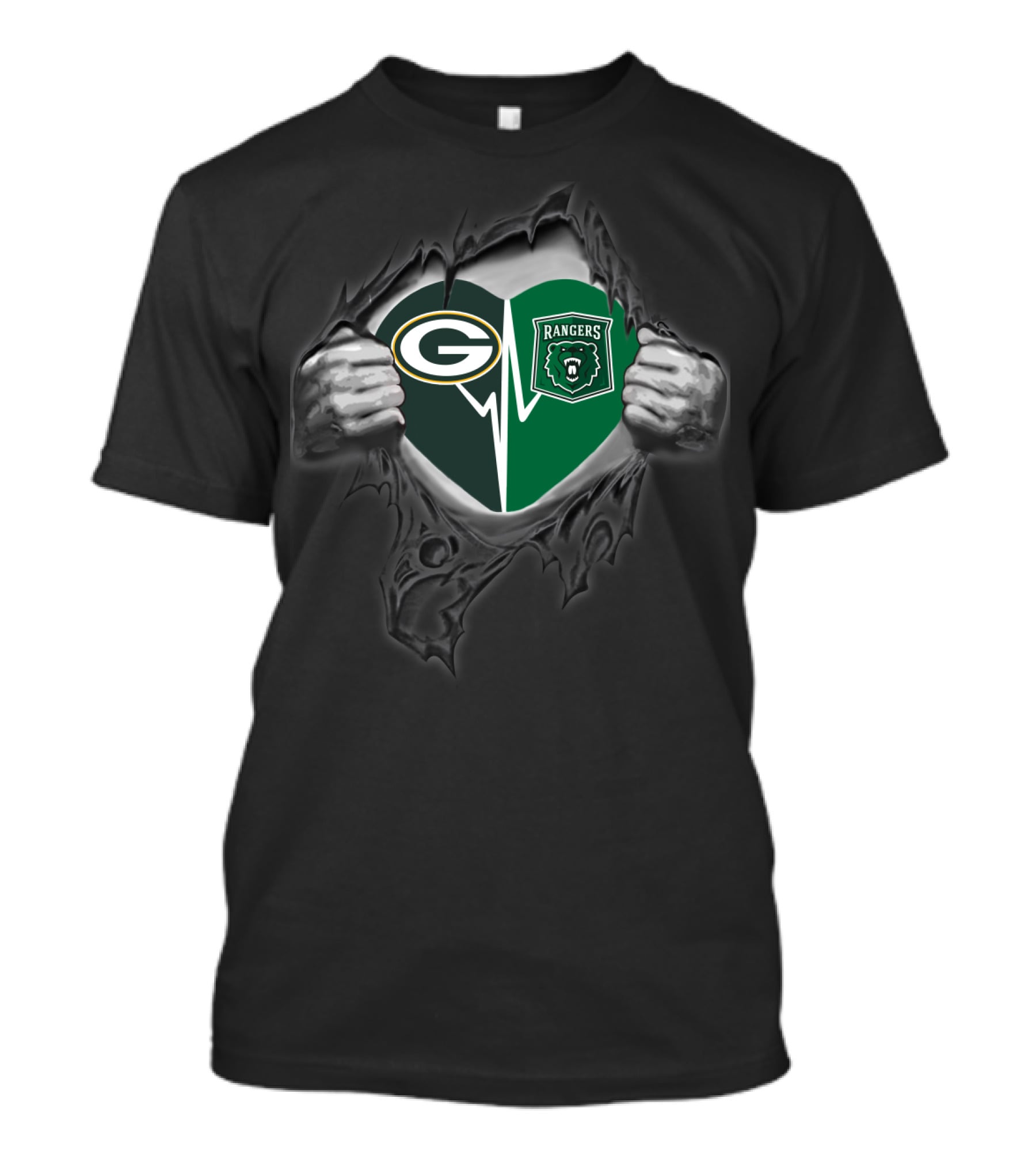 Packers Heart With Rangers Bear Green Crest T-Shirt