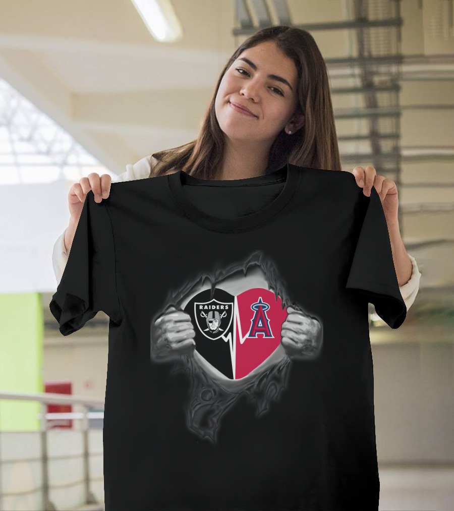 Raiders And Los Angeles Angels Heart Logo Tear T-Shirt