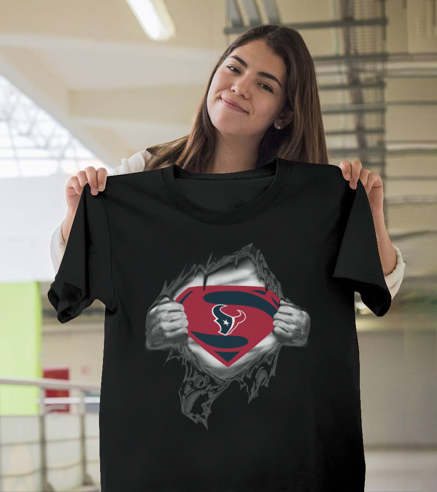 Superman Houston Texans Logo Hidden Beneath Ripped Chest T-Shirt