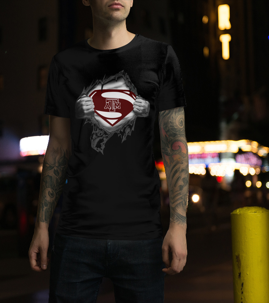 Texas A&M Aggies Superman Shield Logo Superhero Style T-Shirt