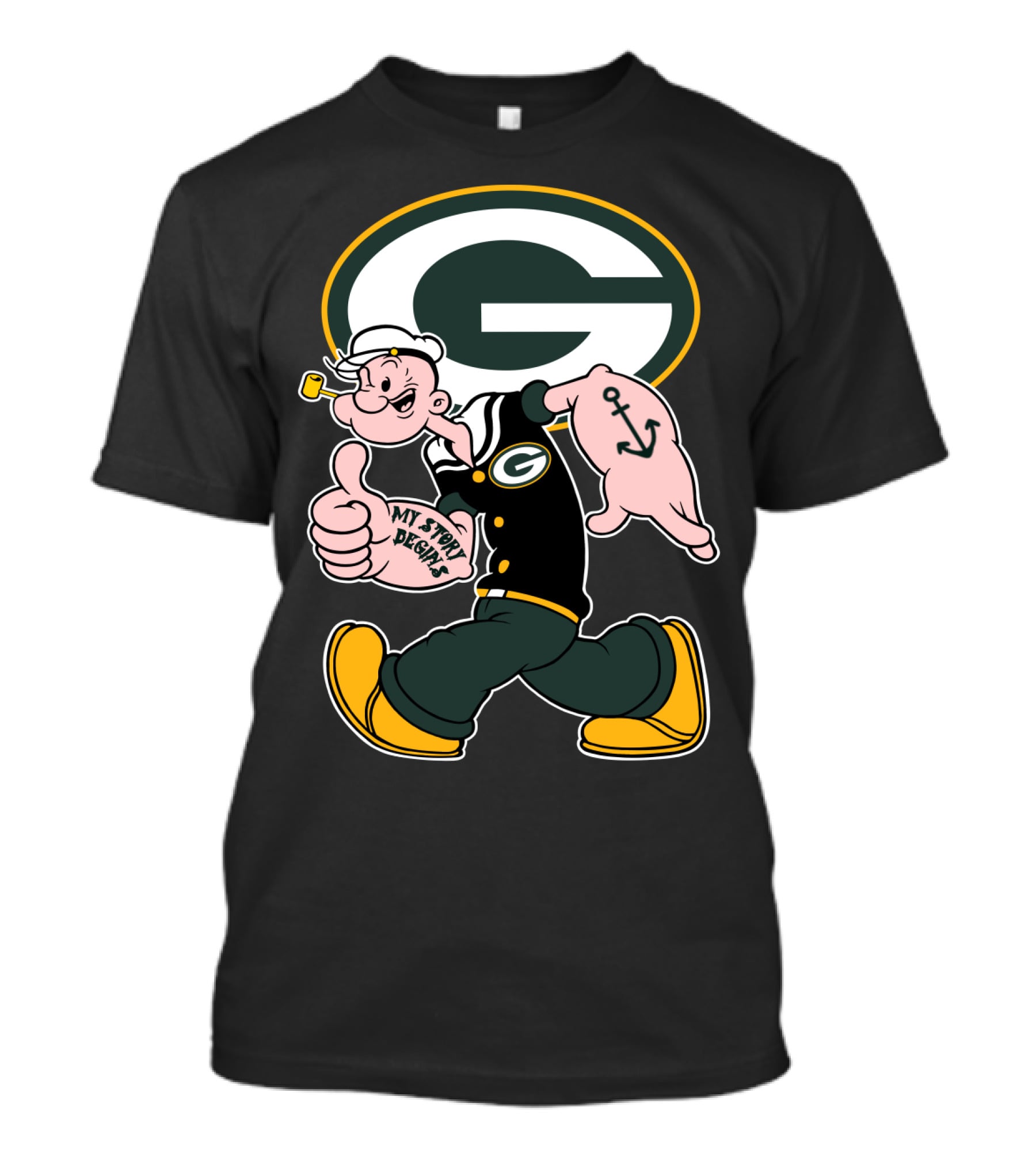 Popeye My Story Begins Green Bay Packers G Logo Anchor Tattoo T-Shirt