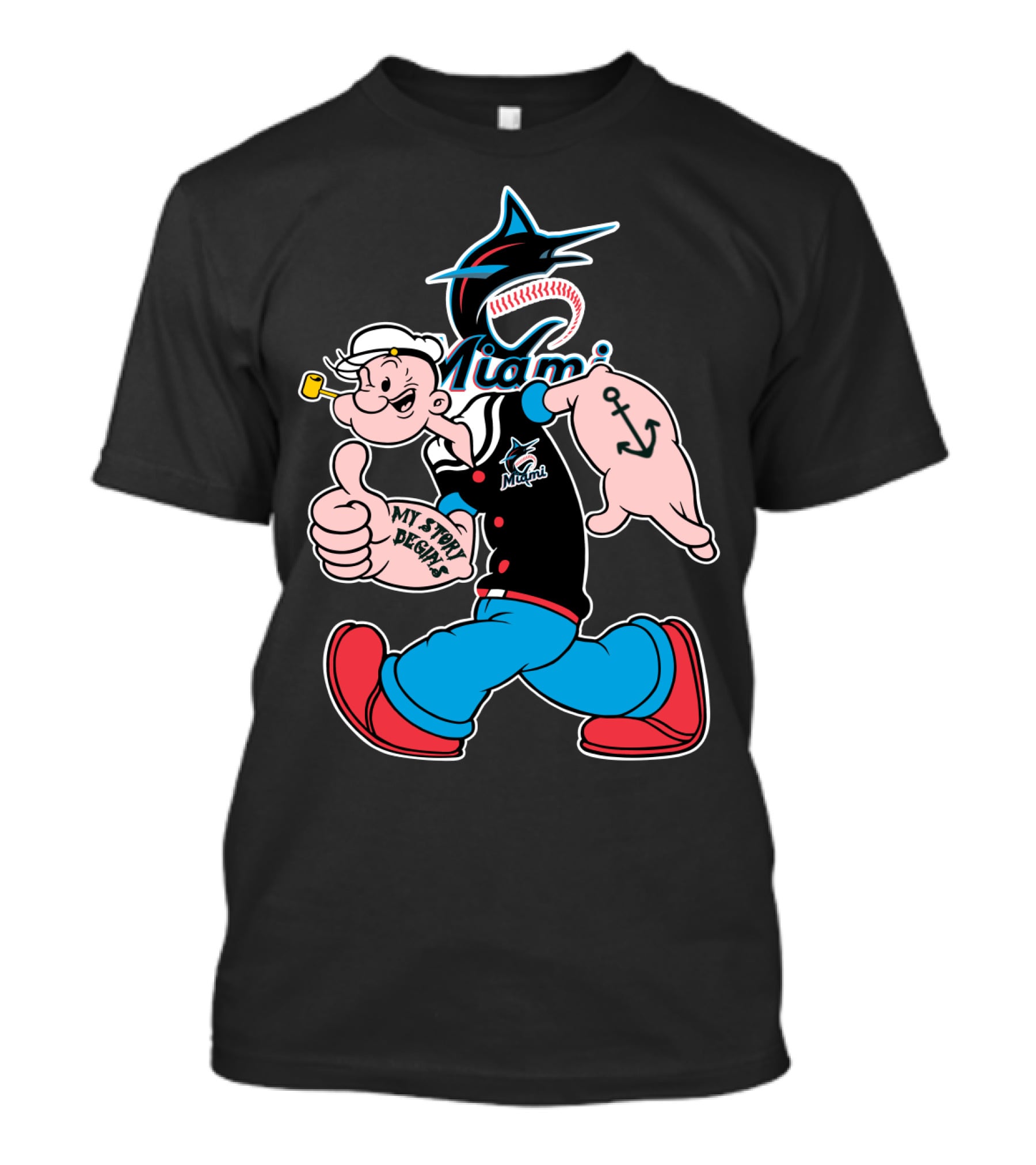 Miami Marlins Popeye Baseball Crossover Mystorydesigns T-Shirt