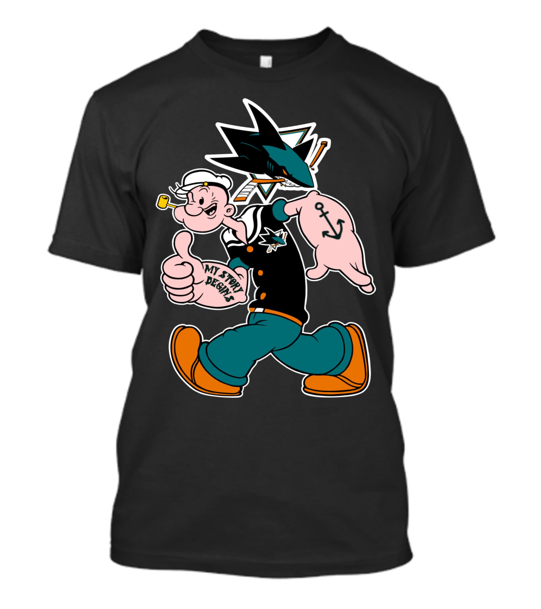 San Jose Sharks Popeye My Story Design Anchor Tattoo T-Shirt