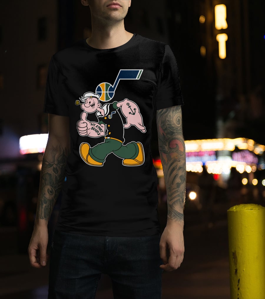 Popeye Walking With Thumb Up And Utah Jazz Basketball T-Shirt