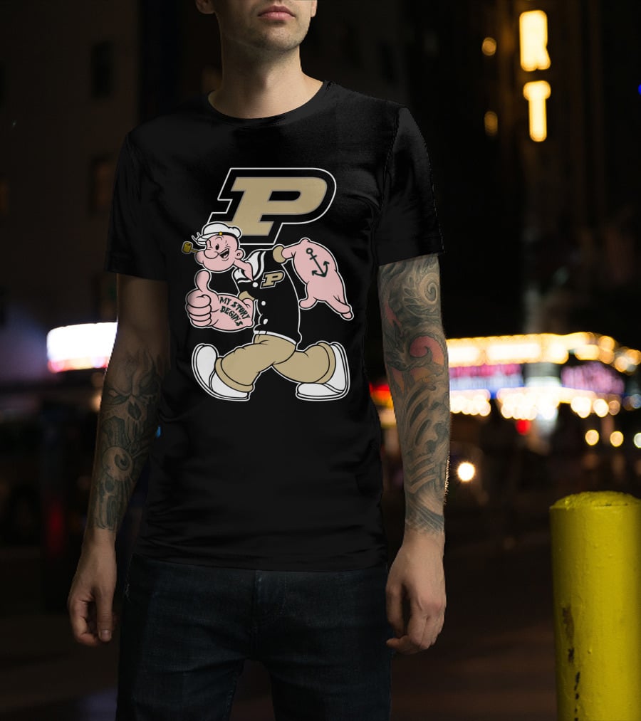Purdue Boilermakers Sailor Cartoon Mascot With Pipe And Anchor Tattoo T-Shirt