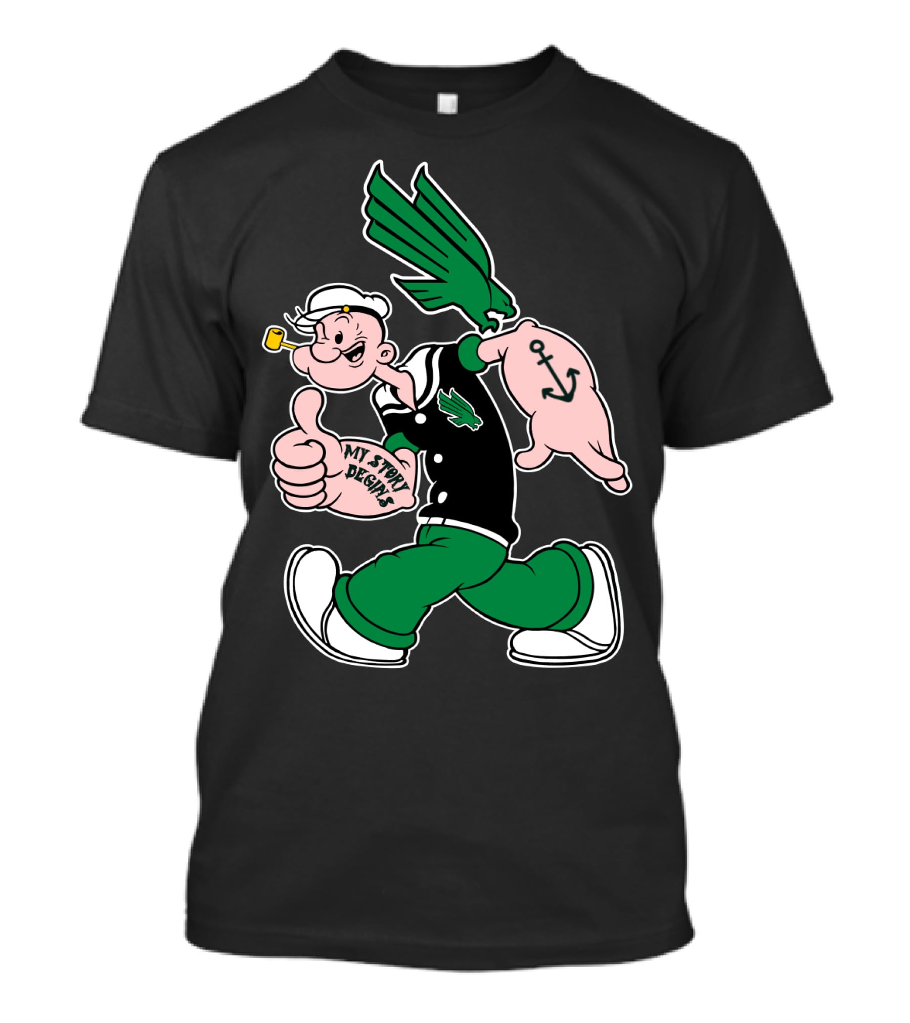 North Texas Mean Green My Story Designs Popeye Sailor Cartoon Anchor Pipe T-Shirt