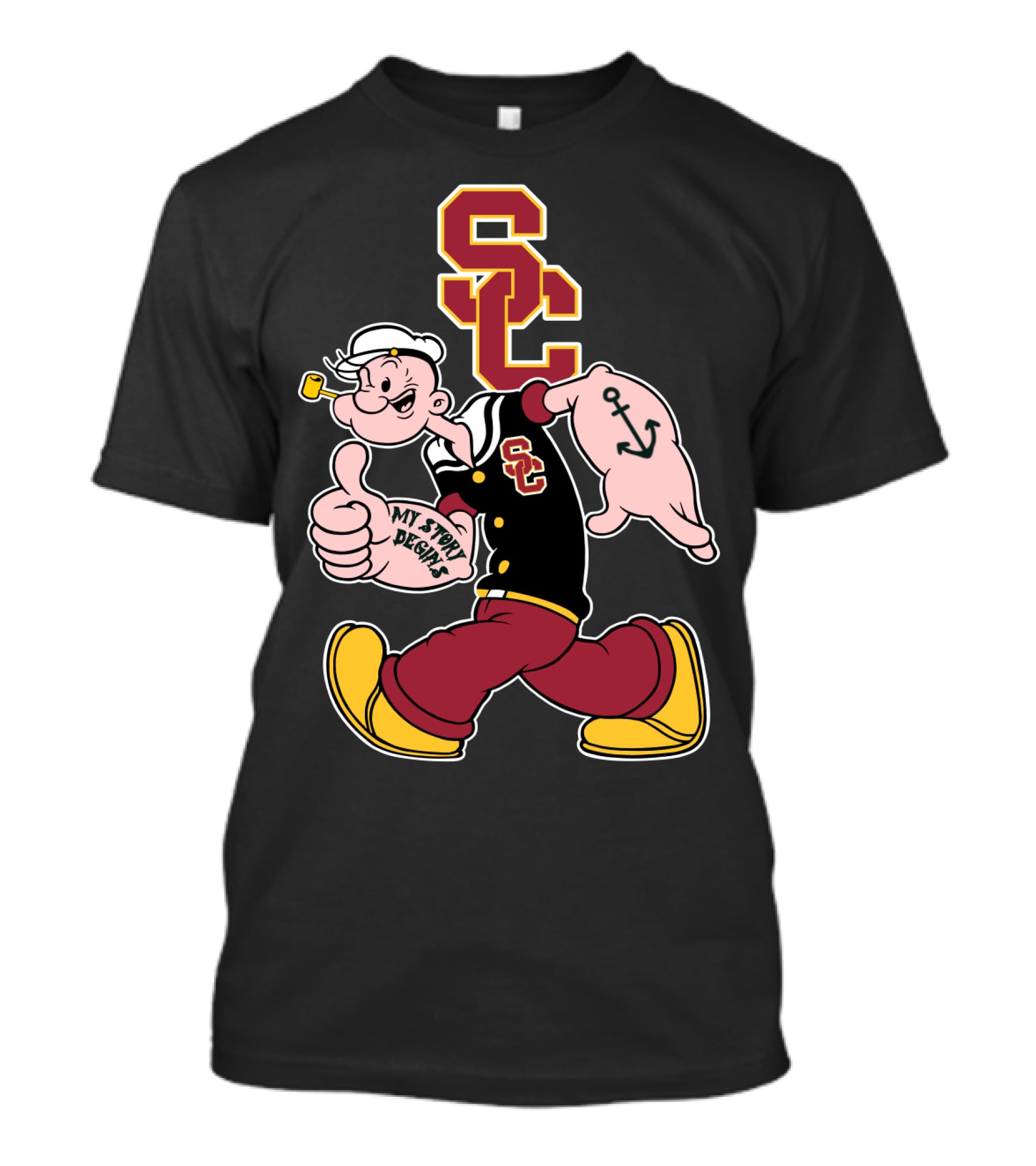 Usc Trojans Sc Logo With Sailor Cartoon And Anchor Tattoo T-Shirt