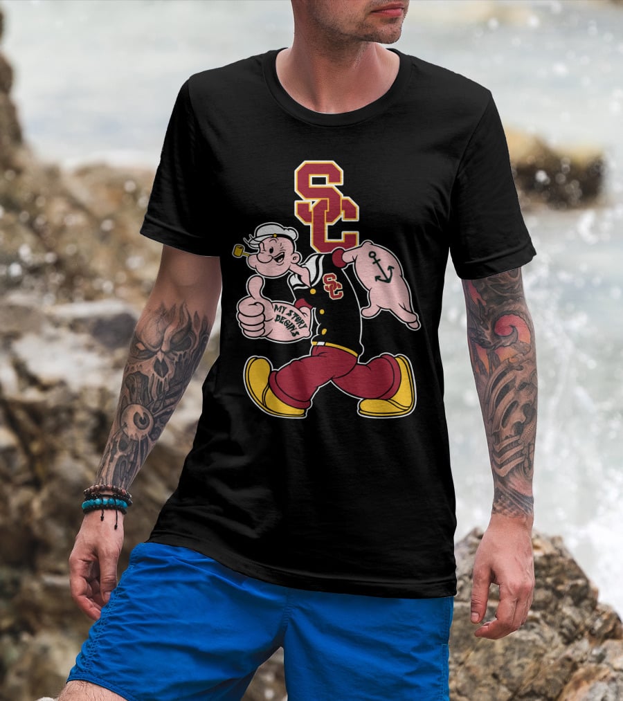 Usc Trojans Sc Logo With Sailor Cartoon And Anchor Tattoo T-Shirt