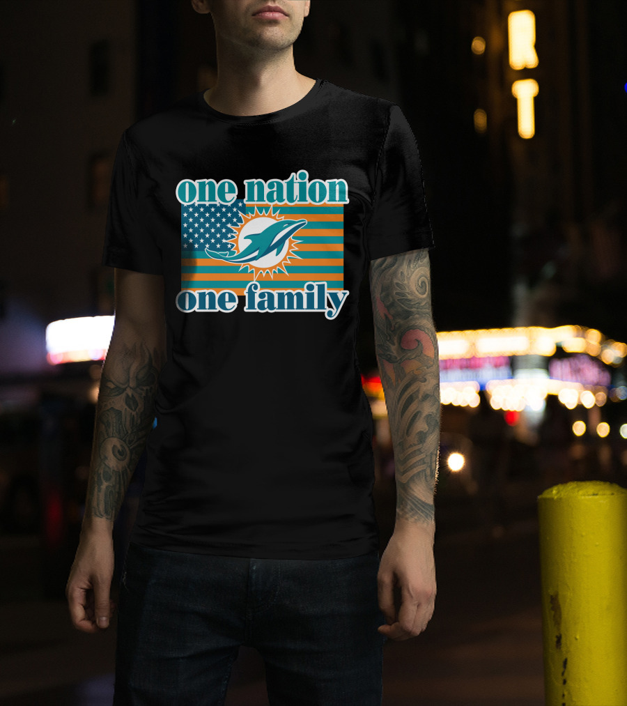 One Nation One Family Miami Dolphins American Flag Logo T-Shirt