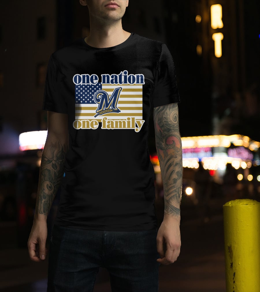 One Nation One Family Milwaukee Brewers 46 American Flag T-Shirt