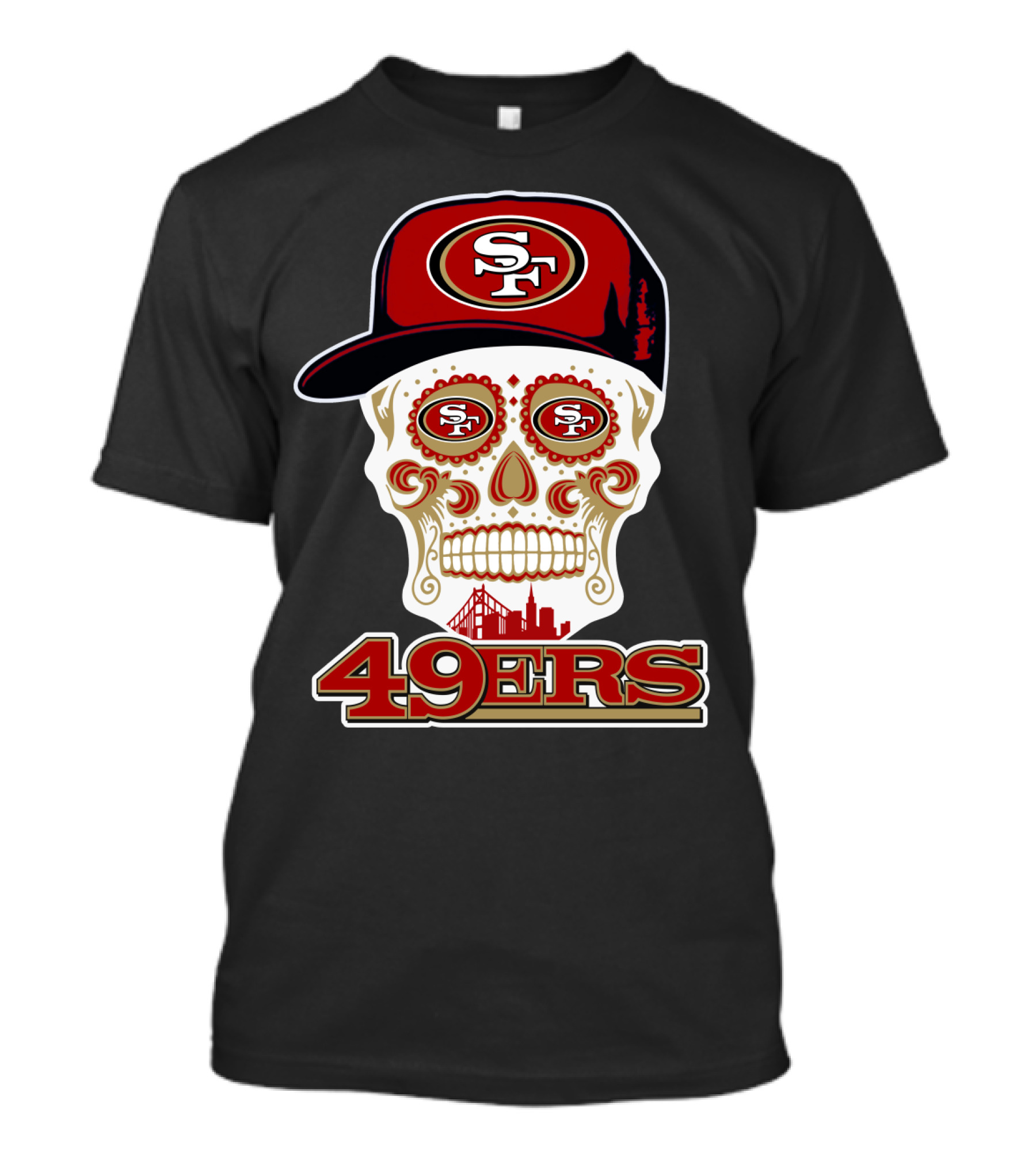 49ers Sf Sugar Skull With Cap And San Francisco Skyline T-Shirt