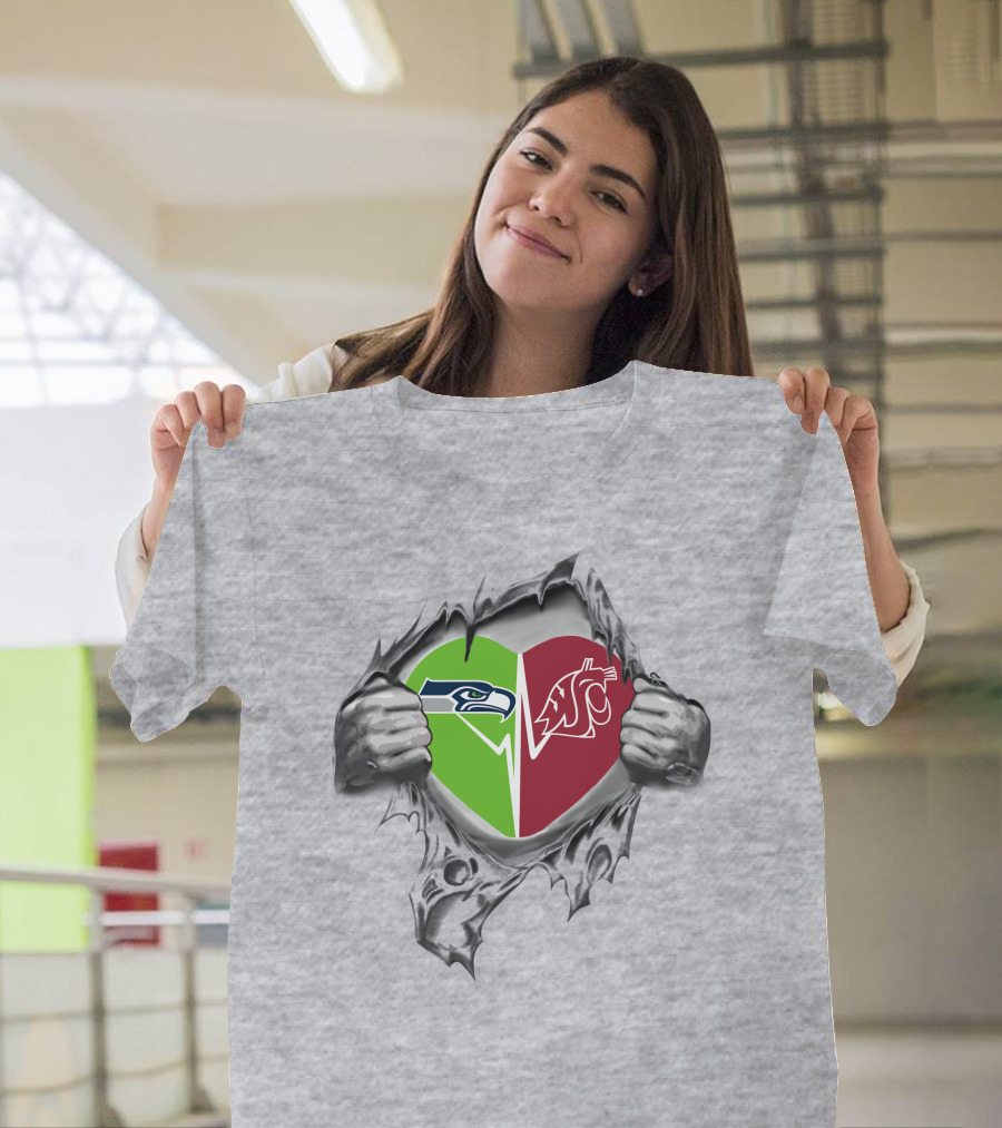Seahawks Washington State Cougars Heart Logo Design Inside Ripped Shirt With Team Logos T-Shirt