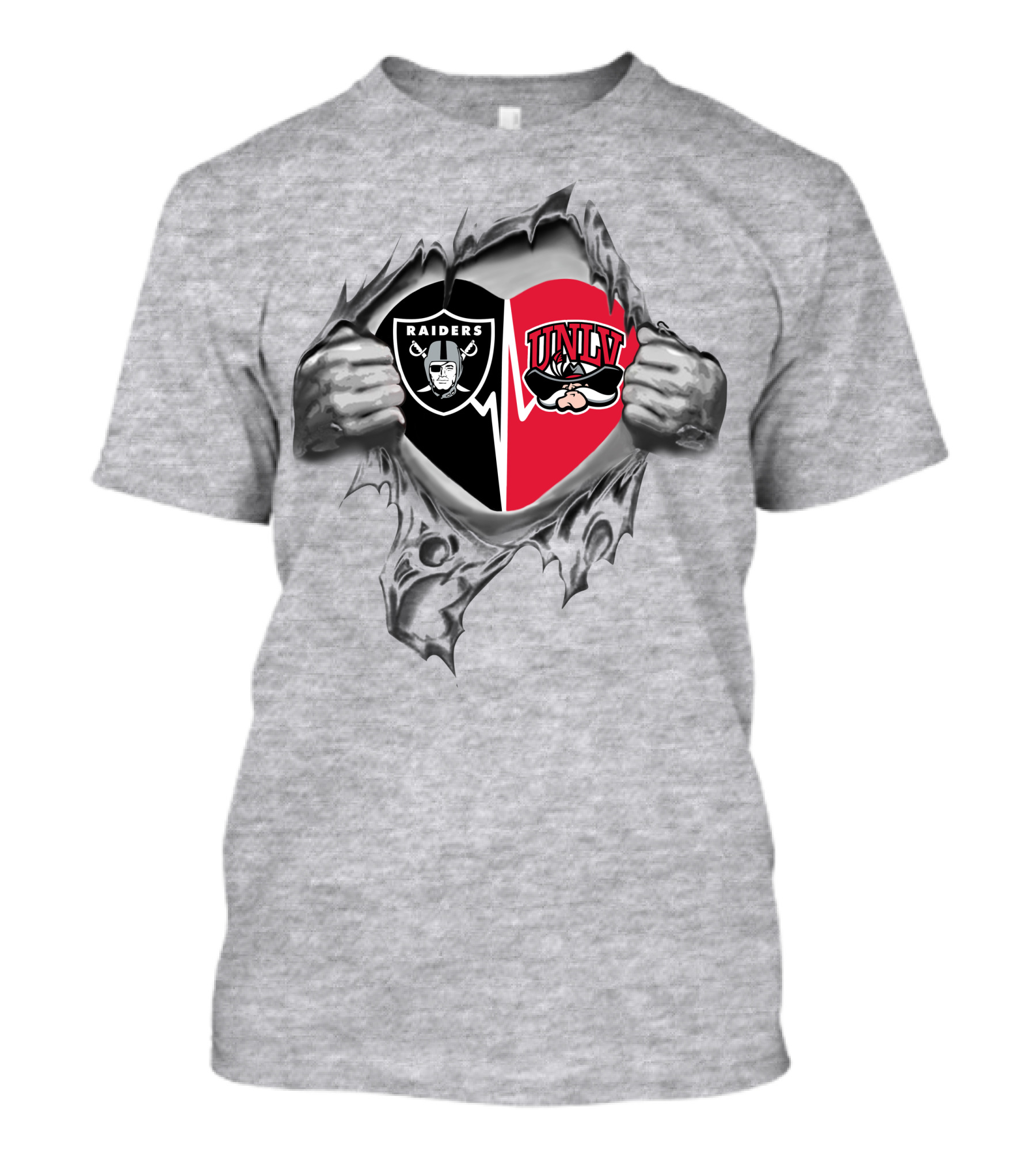 Raiders Unlv Heart Split Design Torn Fabric Hands T-Shirt