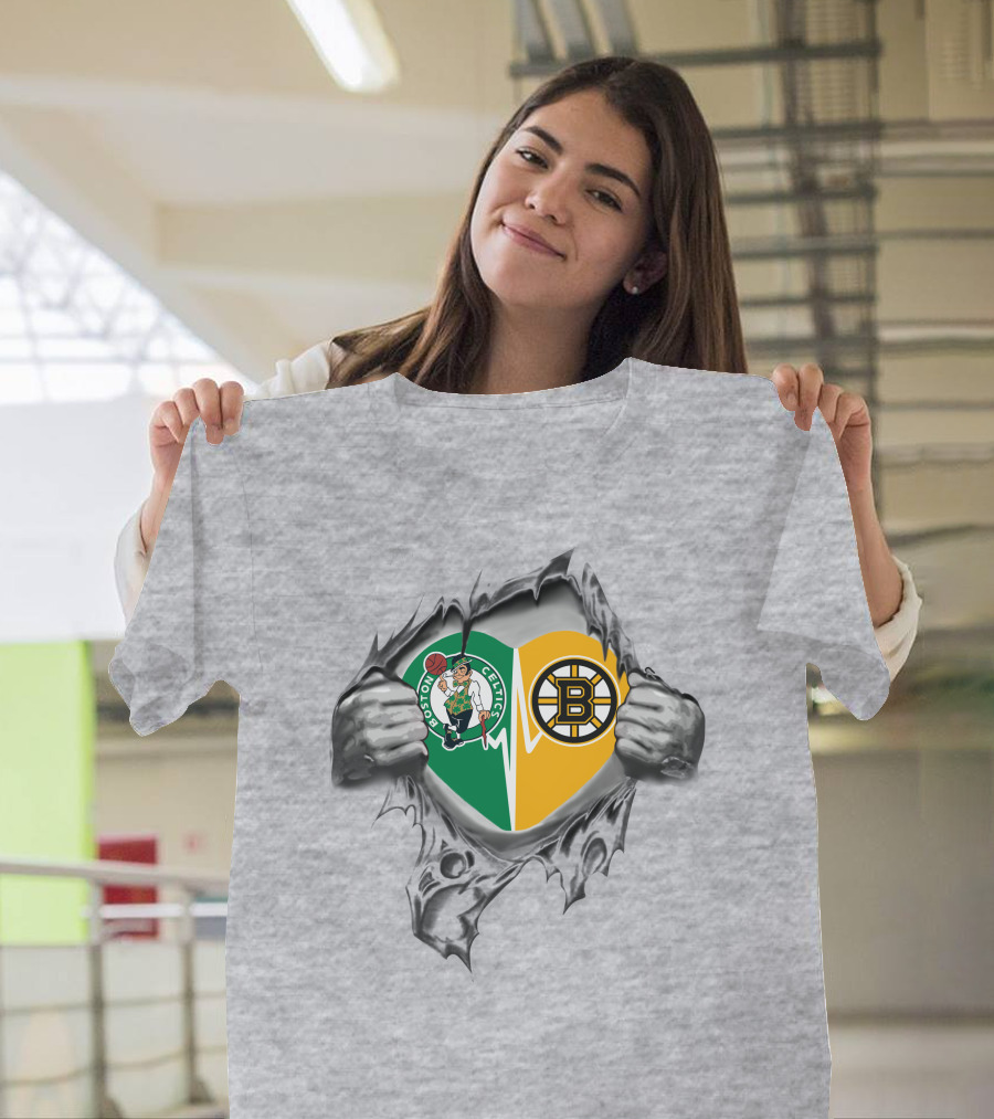 Boston Celtics Bruins Heart Inside Featuring Logos And Heartbeat T-Shirt