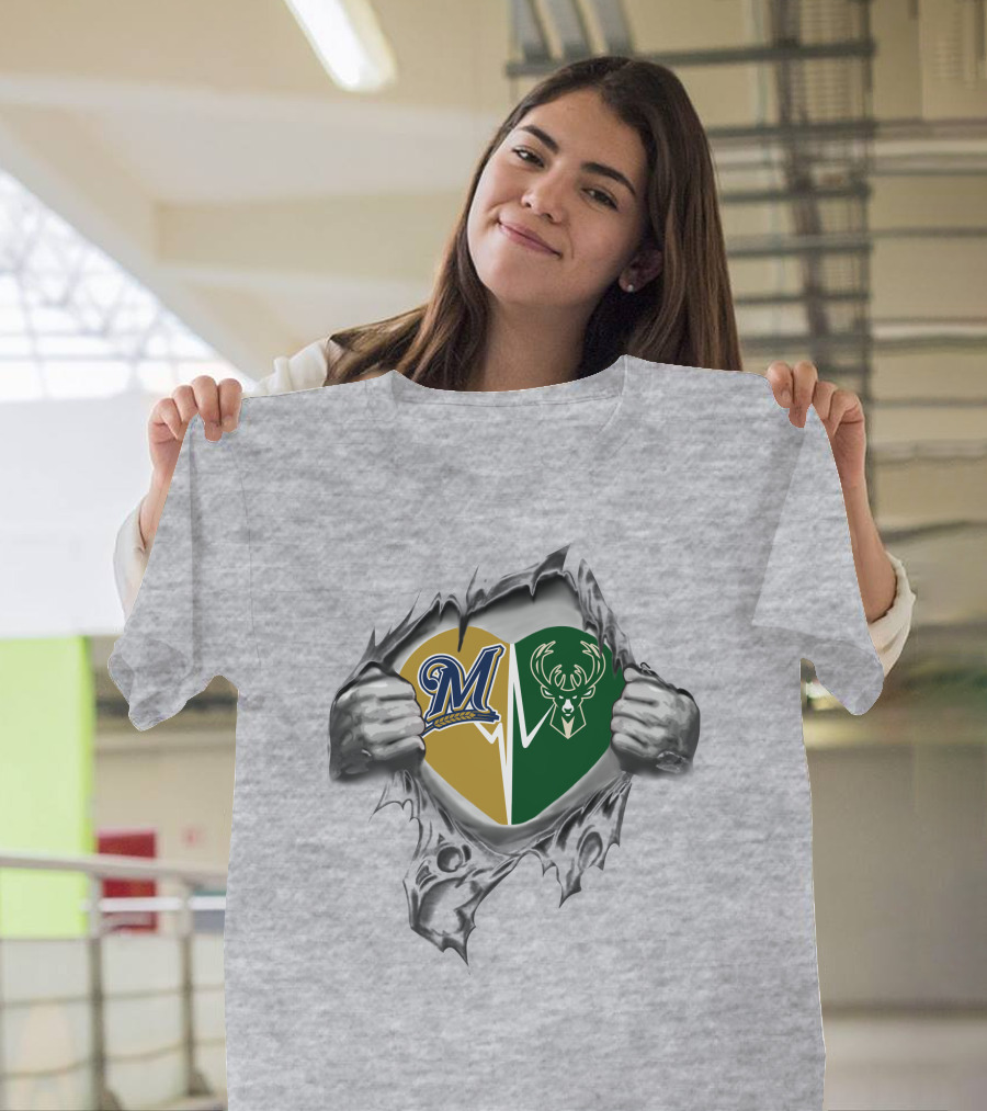 Milwaukee Brewers Bucks Heart Torn Open Hands T-Shirt