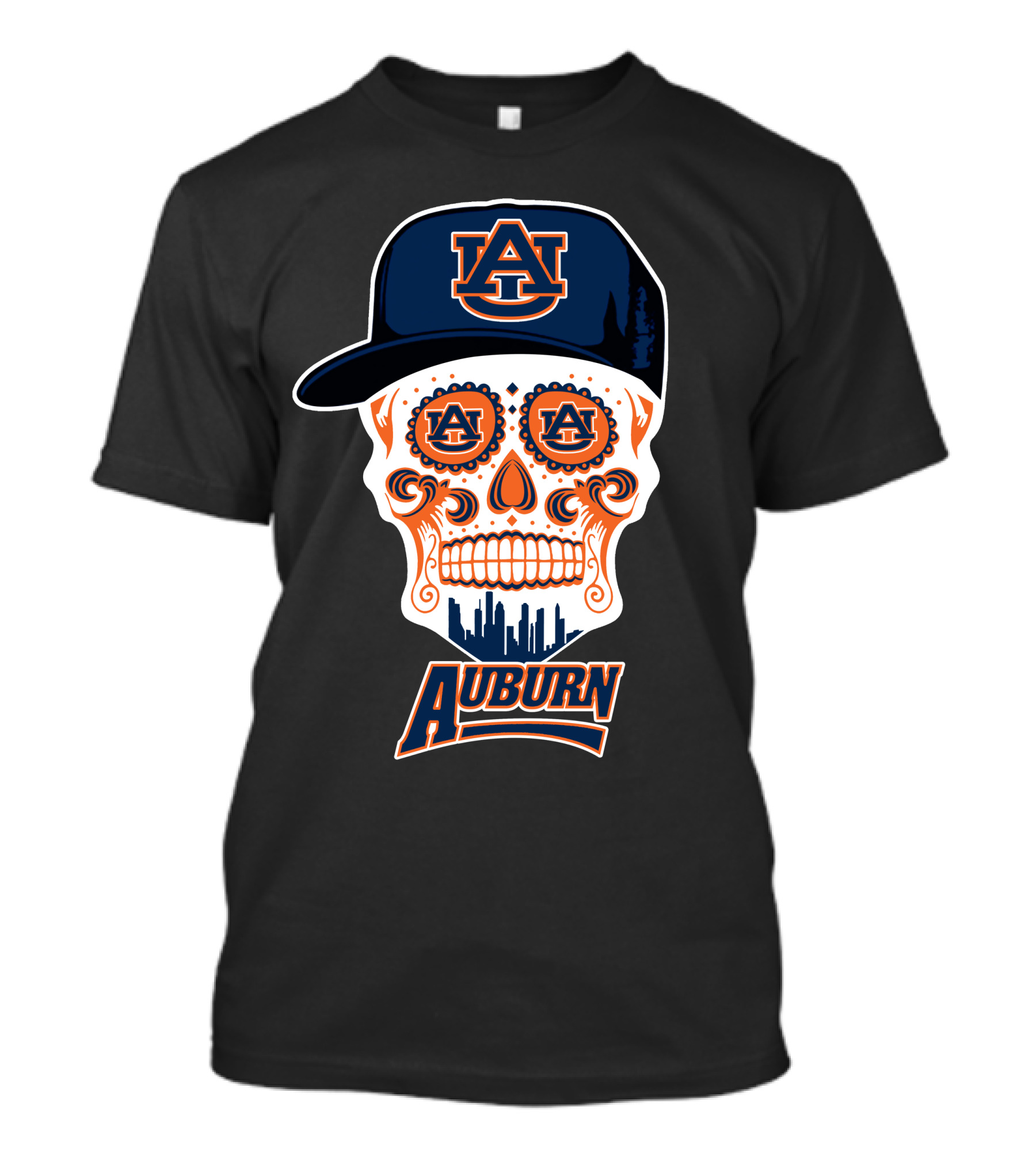 Auburn Tigers Skull Sugar Skull Design With Cap T-Shirt
