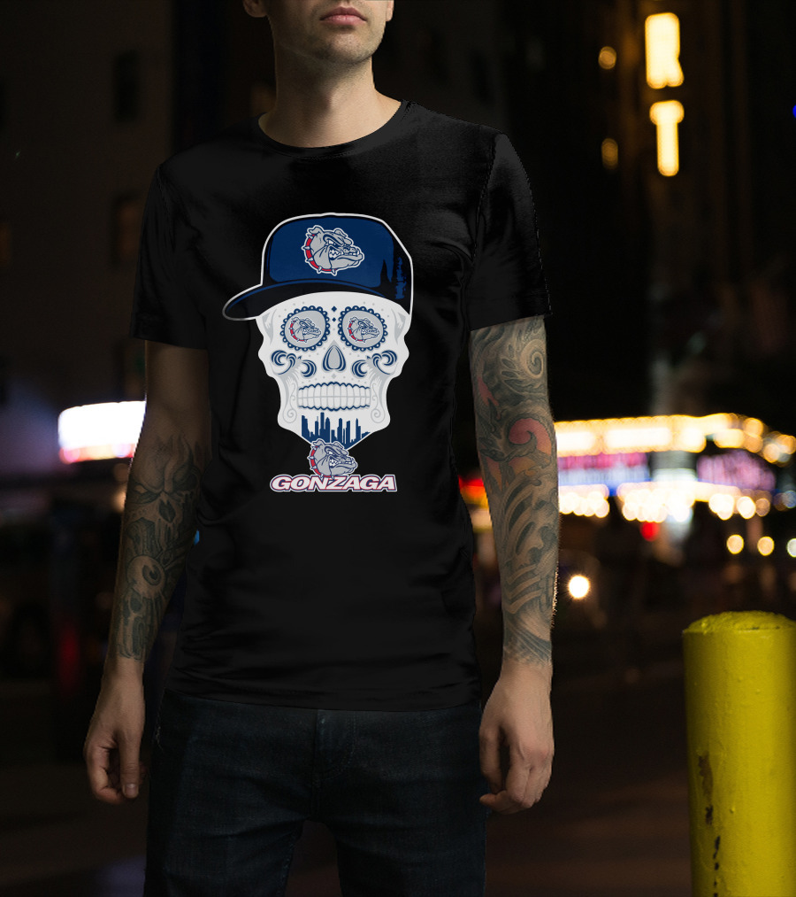 Gonzaga Bulldogs Skull With Hat And City Skyline T-Shirt