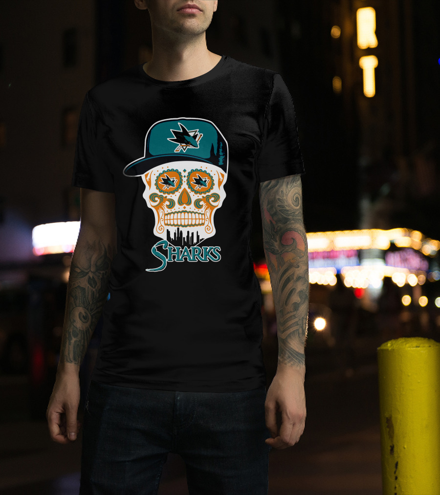 San Jose Sharks Skull With Logo And Cityscape Elements T-Shirt