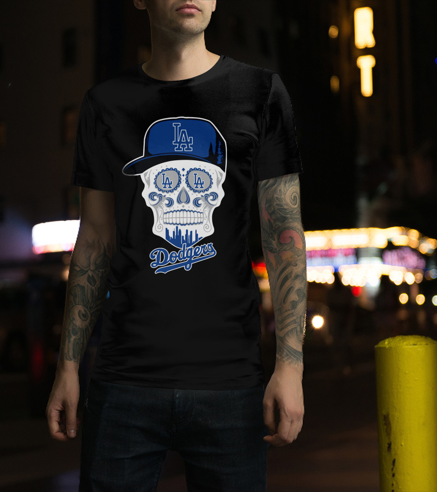 La Dodgers Skull With Cap And Cityscape T-Shirt