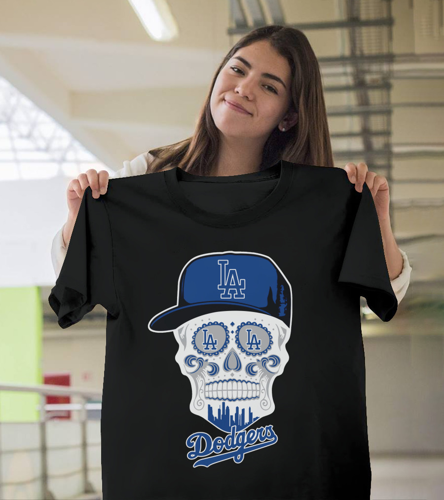 La Dodgers Skull With Cap And Cityscape T-Shirt