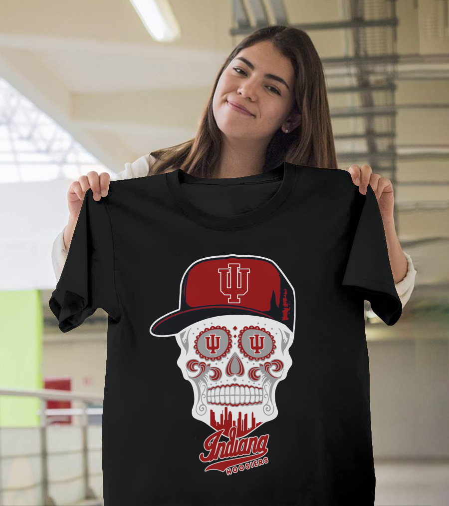 Indiana Hoosiers Skull With Hat And Skyline T-Shirt