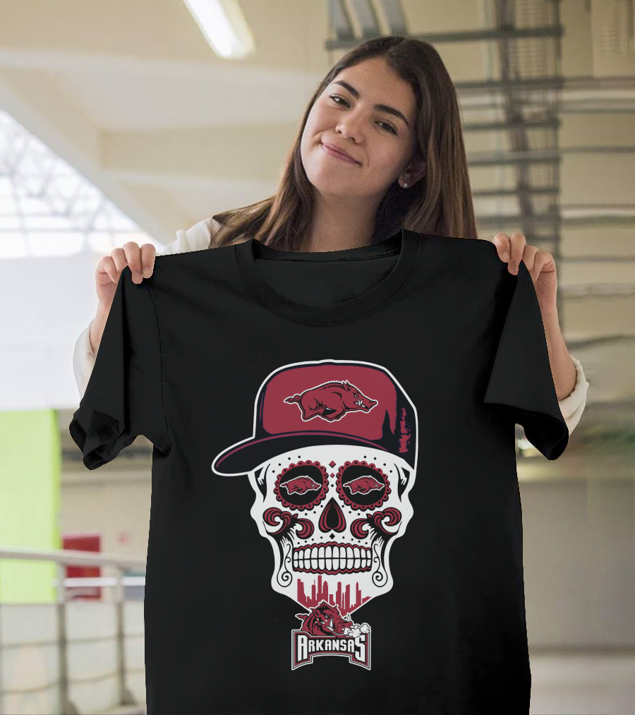 Arkansas Razorbacks Sugar Skull With Hat And Hog Logos T-Shirt