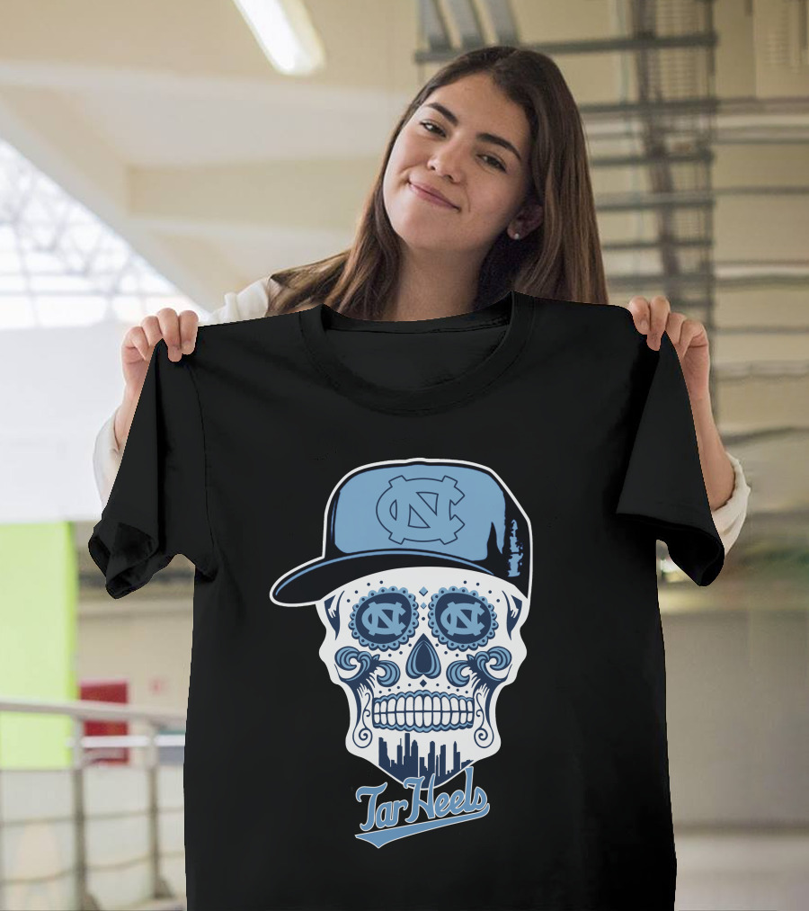 North Carolina Tar Heels Sugar Skull With Hat And Cityscape T-Shirt