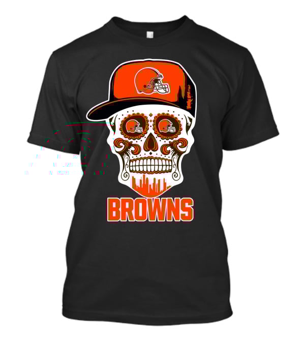 Cleveland Browns Sugar Skull With Orange Helmet And Brow Skyline T-Shirt