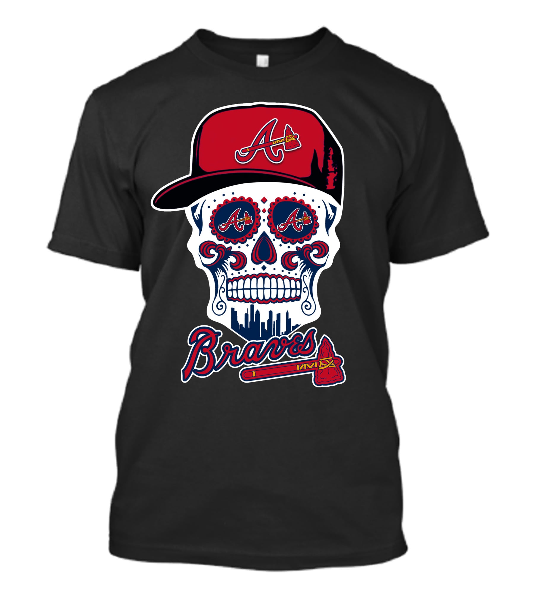 Braves Skull With Red Cap And Tomahawk Elements T-Shirt