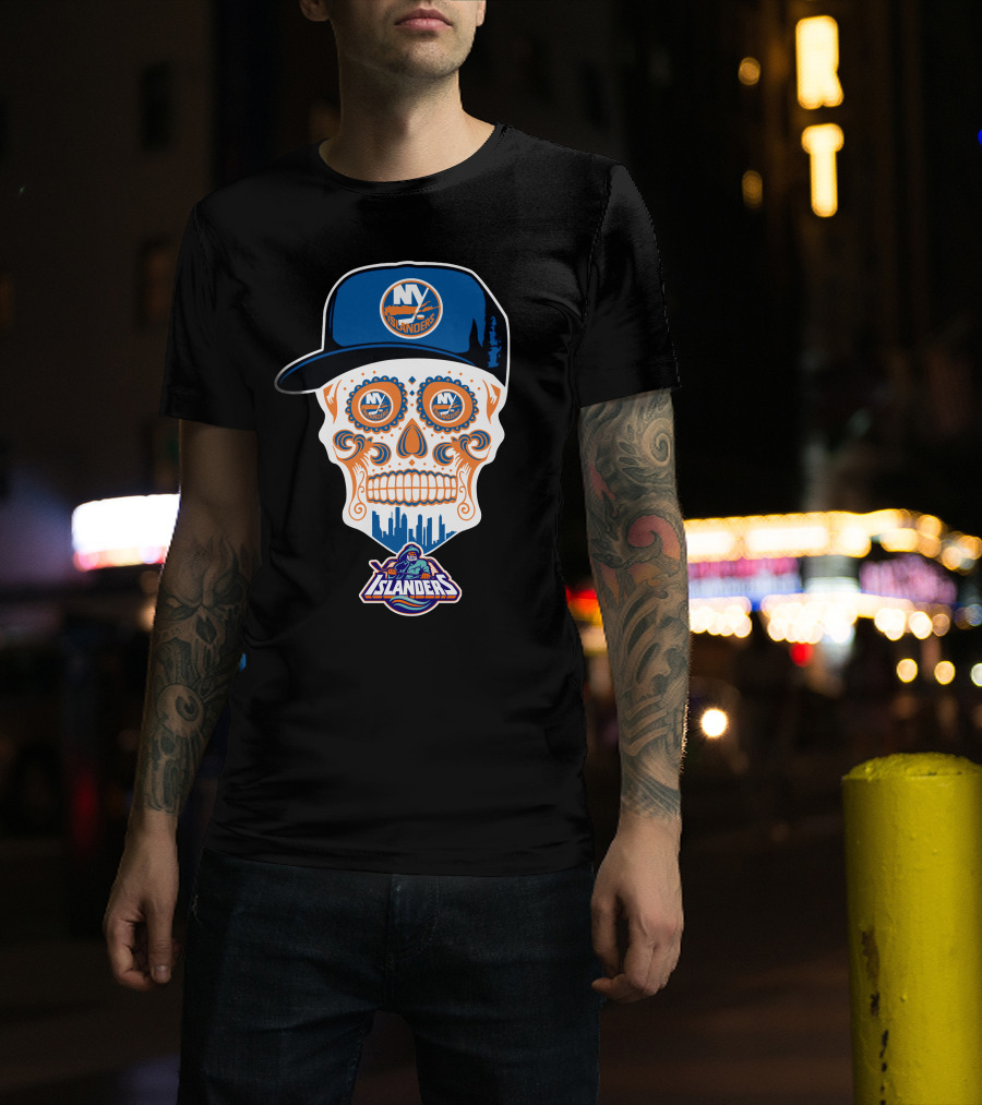 Ny Islanders Skull Logo With Cap And Cityscape T-Shirt