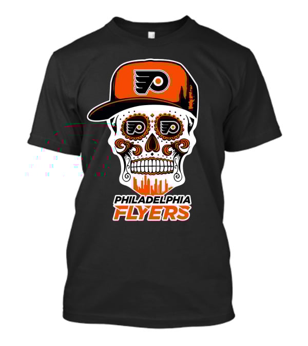 Philadelphia Flyers Skull Art With Cap And Skyline T-Shirt