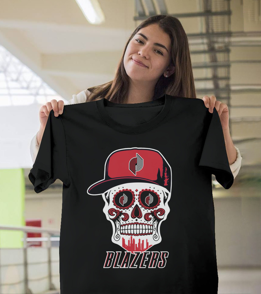 Blazers Skull With Hat And Cityscape Elements T-Shirt