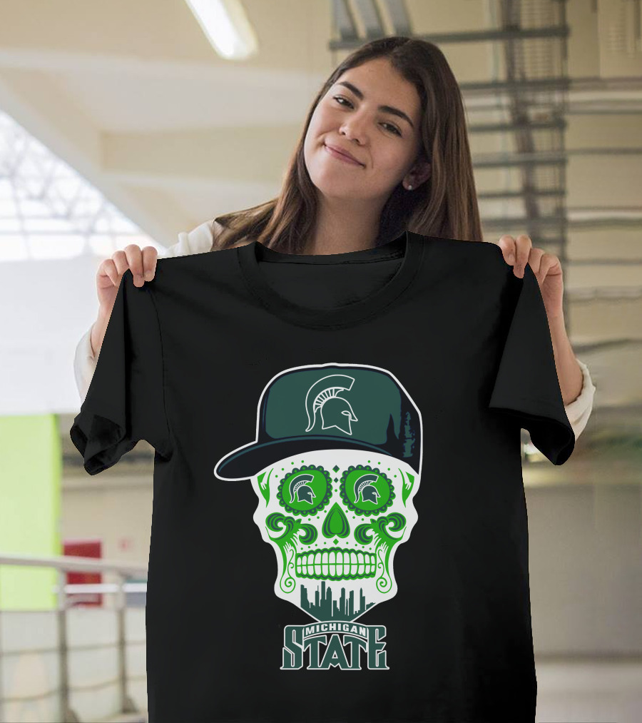 Michigan State Spartans Skull With Hat And Cityscape T-Shirt