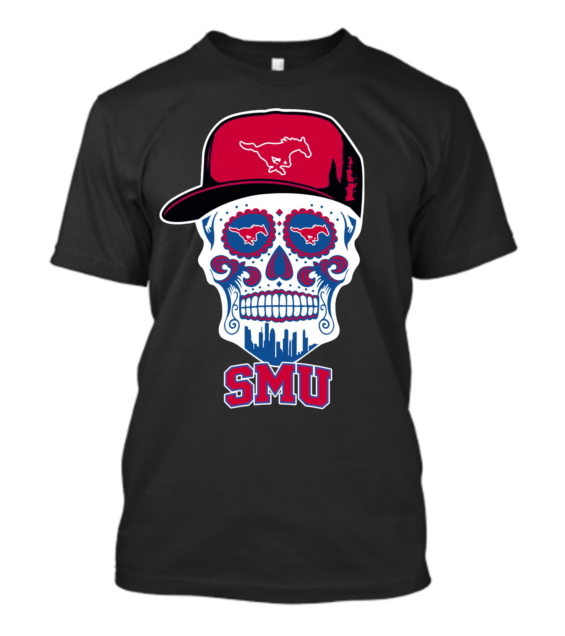 Smu Mustangs Skull With Hat And Skyline T-Shirt