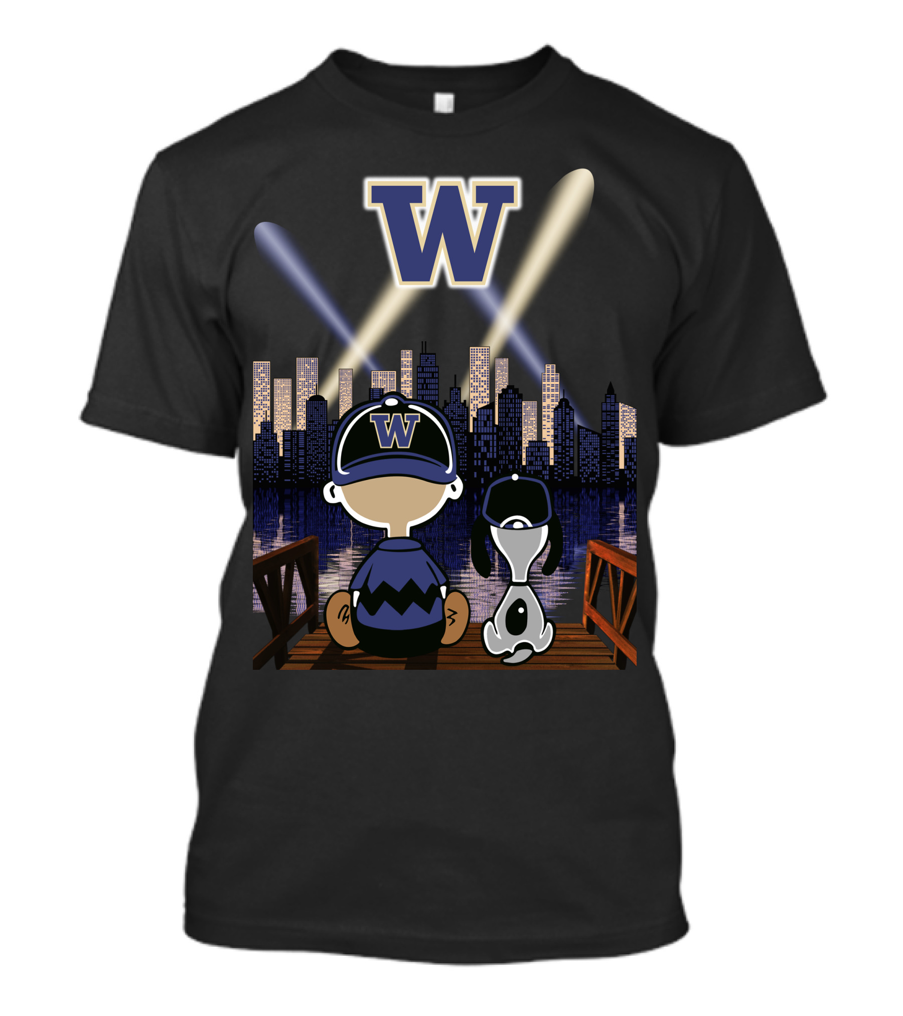W Washington Huskies City Skyline At Night With Baseball Cap Characters T-Shirt