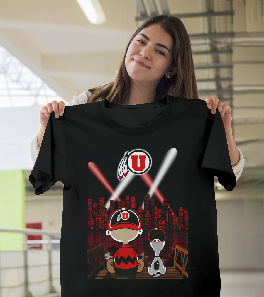 Utah Utes City Skyline Night Scene With Cartoon Characters T-Shirt